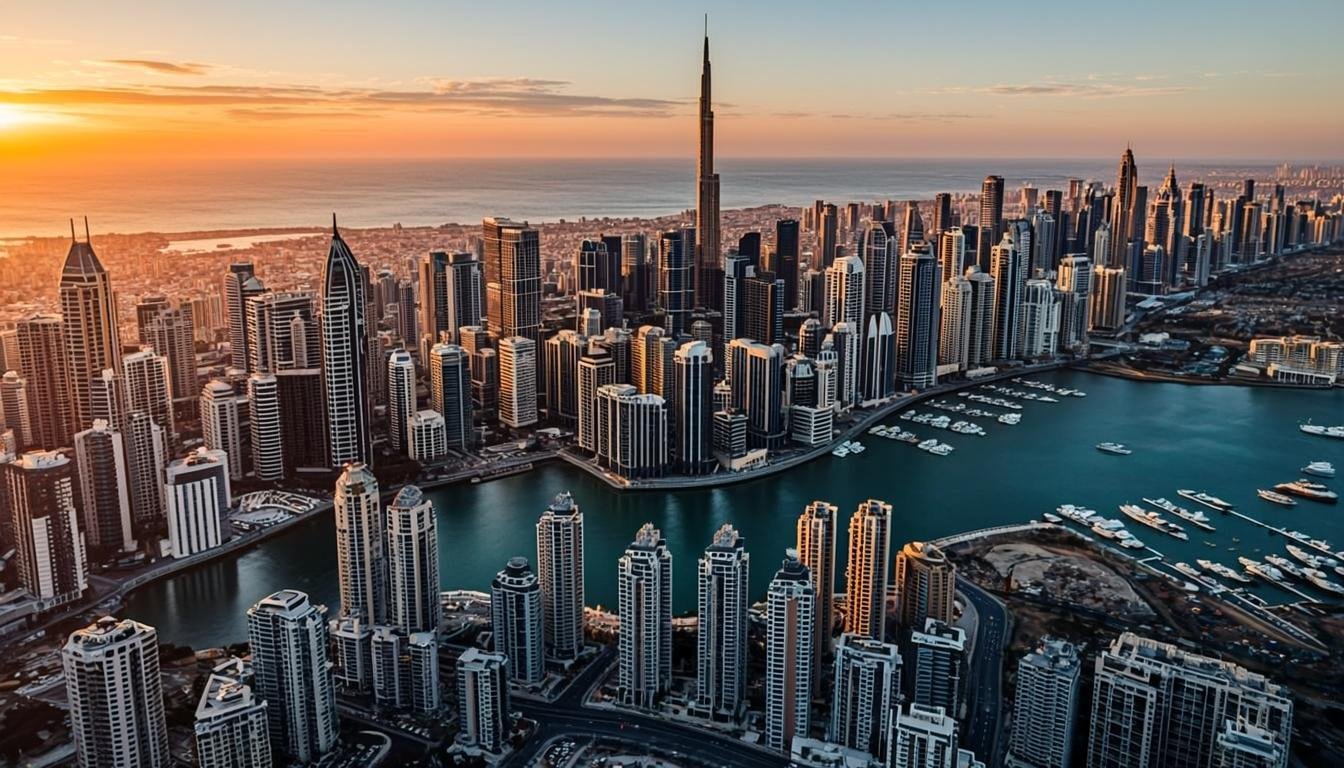 Aerial view of Dubai skyline including Jumeirah Lakes Towers and Dubai Marina